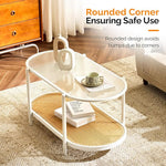 Load image into Gallery viewer, VINGLI 38" Rattan Oval Coffee Table, Glass Metal Center Table, Modern Coffee Tables with 2-Tier Storage, Farmhouse Coffe Table for Living Room and Small Space, White