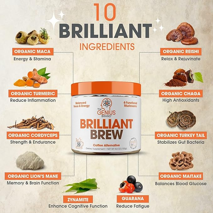 The Genius Brand Genius Brilliant Brew - Natural Coffee Substitute for Clear Thinking, Energy & Immune Support - No Crash or Jitters - Powered by Nootropics - Non-GMO - 30 Servings - Sweet Cocoa