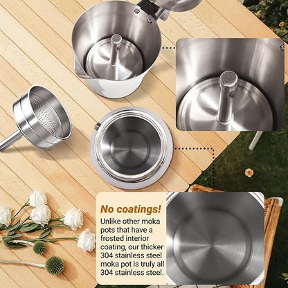 No Coating 4 Cup Thickened 304 Stainless Steel Moka Pot Stovetop Espresso Maker Italian Coffee Machine 200ml 6.8oz Suitable for Gas Induction Stovetop Greca Coffee Maker Percolator