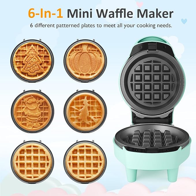 6 in 1 Mini Waffle Maker: 4” Waffle Iron with Removable Non-stick Plates, Perfect Mini Waffle Maker for Kids and Families, Light Blue