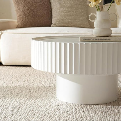 Round Coffee Table, Modern Living Room Tables with Mushroom Shape and Grooved Design, Circle Accent Pinewood Center Table for Living Room, Apartment (White, 31.8''L×14.9''H)