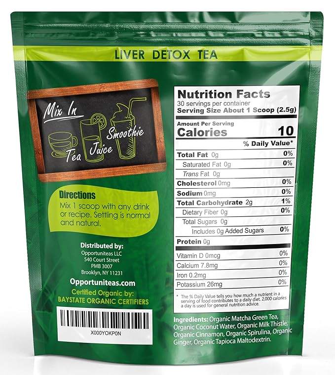 Opportuniteas Organic Liver Detox Tea Powder - Matcha Green Tea, Milk Thistle, Coconut Water, Spirulina, Ginger, & Cinnamon - Boost Energy, Feel Better - Liver Care Support Supplement, Vegan, Non GMO