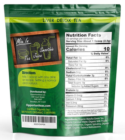 Opportuniteas Organic Liver Detox Tea Powder - Matcha Green Tea, Milk Thistle, Coconut Water, Spirulina, Ginger, & Cinnamon - Boost Energy, Feel Better - Liver Care Support Supplement, Vegan, Non GMO