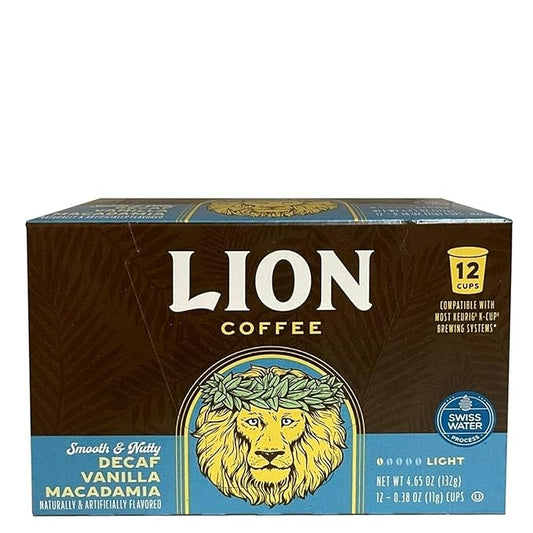 Lion Coffee Swiss Water DECAF Vanilla Macadamia Medium Roast Coffee Pods - Single-Serve Pods - Hawaiian Inspired Flavor - Arabica Coffee - Compatible with Single - Serve Brewing Systems - 12 Count Box