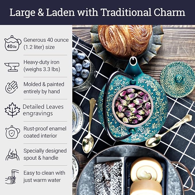 Large Japanese Cast Iron Teapot Capacity 40Oz with Trivet and Loose Leaf Tea Infuser, Cast Iron Tea Kettle Stovetop Safe. Tetsubin Coated with Enamel Interior - Green Teapot