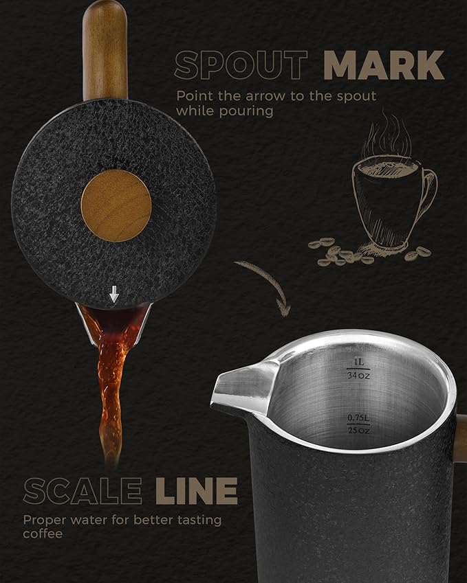 POLIVIAR French Press Coffee Maker, 34 oz Coffee Press with Real Wood Handle, Double Wall Insulation & Dual-Filter Screen, Food Grade Stainless Steel for Good Coffee and Tea JX2023-FPLB