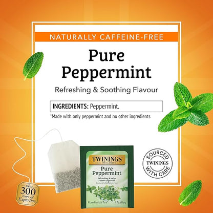 Twinings Pure Peppermint Herbal Tea Individually Wrapped Bags, 100 Count (Pack of 1), Fresh Minty Flavour, Naturally Caffeine-Free, Enjoy Hot or Iced, 100 Teabags