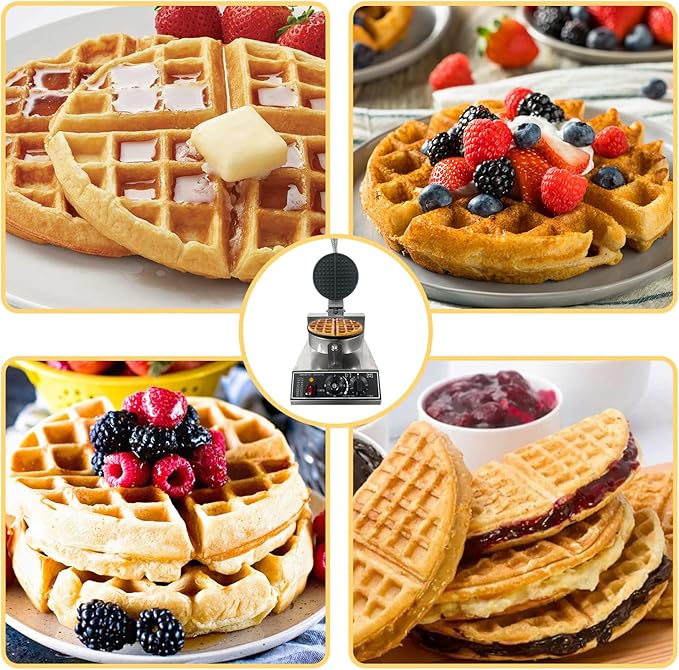 Commercial Waffle Maker, 1200W Stainless Steel Nonstick Round Waffle Iron with 122℉ to 572℉ Temp Range & Time Control, for Household Bakeries Snack Bar