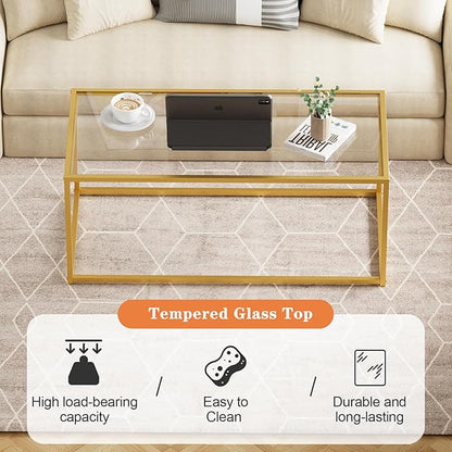 Glass Coffee Table for Living Room, Morden Center Table for Small Space,Simple Tea Cocktail Coffee Table with Clear Glass Top & Metal Frame, Easy Assembly,Gold