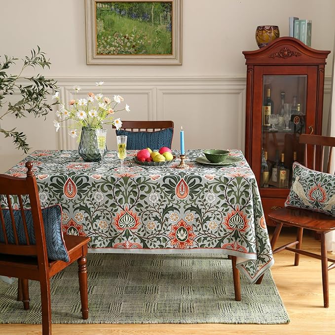 Designer Bohemian Linen Green Table Cloth for Rectangle Table,Floral Indoor Tablecloth,Stain Resistant Decor Tablecloths for Dining Thanksgiving Kitchen Party Christmas,55"*79"-Naples