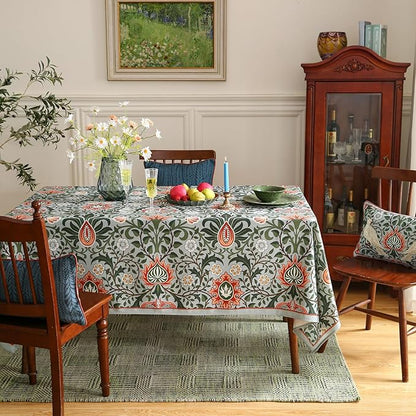 Designer Bohemian Linen Green Rectangular Tablecloth,Floral Indoor Table Cloth,Stain Resistant Decor Tablecloths for Dining Thanksgiving Kitchen Party Christmas,55"*87"-Naples