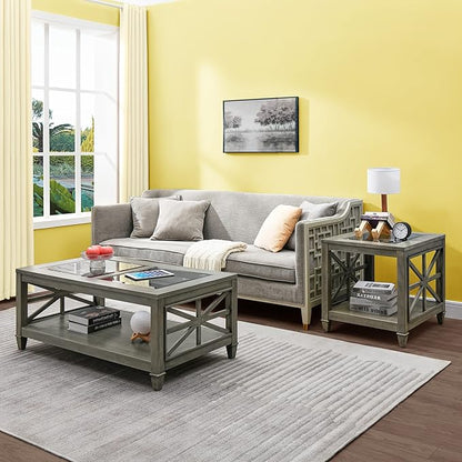 MODERION Solid Wood Coffee Table with Tempered Glass Top, Rectangular Living Room Table with 2-tire Storage Shelf, Industrial Centre Table, 45.5" X 26" Tabletop, Easy Assembly Antique Grey KFZ1318AN