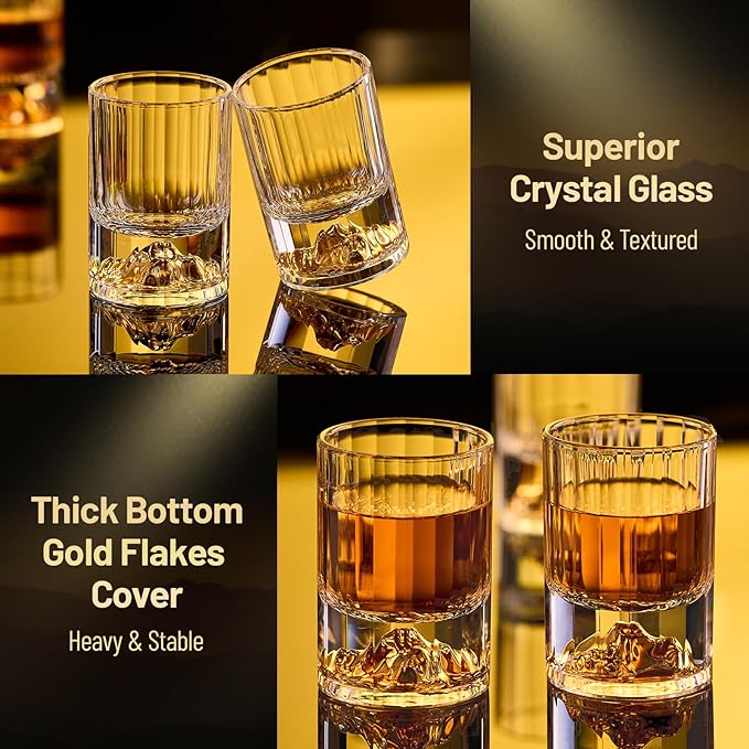 DUJUST 【2025 New Design】 Gold Mountain Shot Glasses (1.5oz), Crystal Shot Glass Set Decorated with 24K Gold Mountain, BPA-Free & Lead-Free, Perfect for Décor & Collection, Gift Choices - 2 pcs