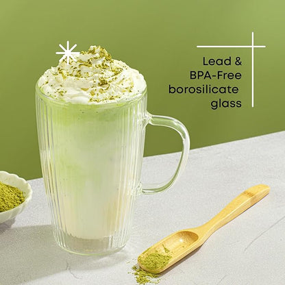 JoyJolt Fluted Glass Coffee Mugs - Double Insulated, 15oz Large Set of 2, Thermal Glass Coffee Mugs