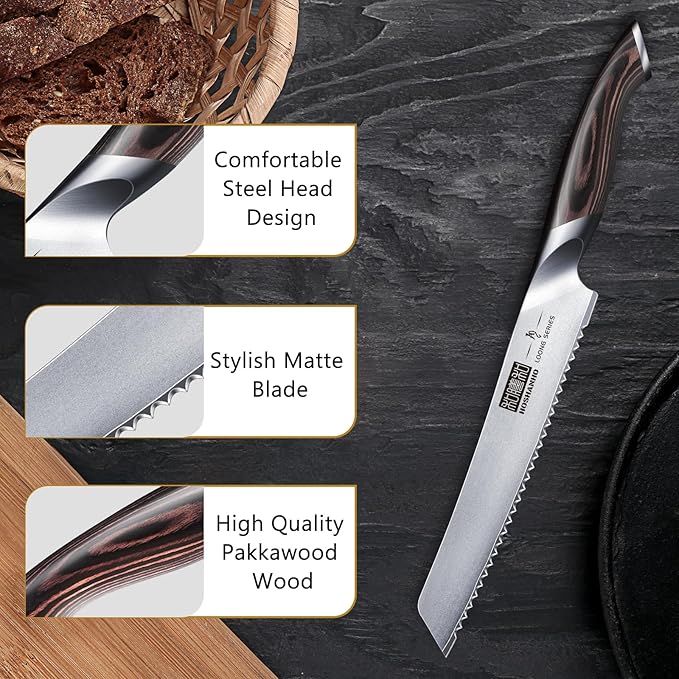 Bread Knife 8 inch, Japanese High Carbon Stainless Steel Serrated Bread Knife, Professional Bread Cutting Knife for Homemade Bread
