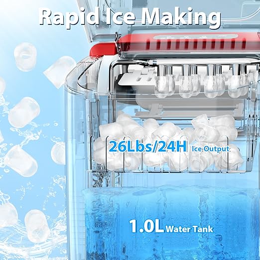 Antarctic Star Countertop Ice Maker Portable Ice Machine with Handle,Automatic-Cleaning Ice Makers, 26Lbs/24H, 9 Ice Cubes Ready in 6 Mins for Home Kitchen Party Bar Red