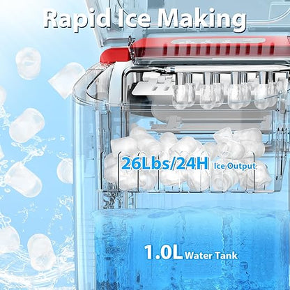 Antarctic Star Countertop Ice Maker Portable Ice Machine with Handle,Automatic-Cleaning Ice Makers, 26Lbs/24H, 9 Ice Cubes Ready in 6 Mins for Home Kitchen Party Bar Red