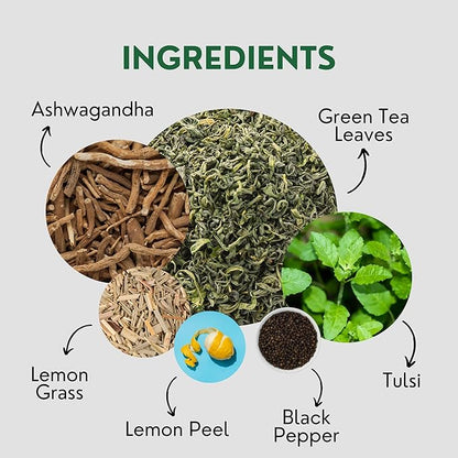 Tealeaf & Co. Tulsi Holy Basil Ashwagandha Green Tea Loose Leaf with Lemon Peel, Lemongrass & Black Pepper - Tulsi Tea with Fresh Herbs and Spices - 50 Servings, Gluten Free (3.52oz/100gm)