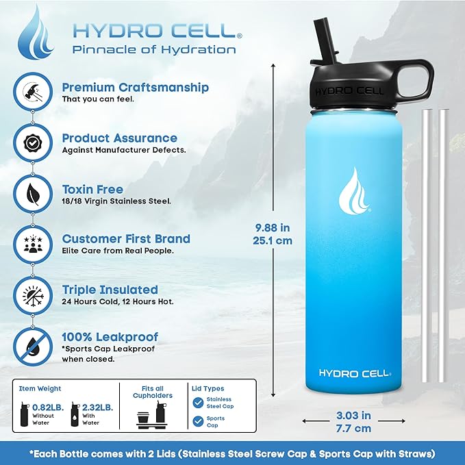 HYDRO CELL Stainless Steel Insulated Water Bottle with Straw - For Cold & Hot Drinks - Metal Vacuum Flask with Screw Cap and Modern Leakproof Sport Thermos for Adults (Sky/Blue 24oz)