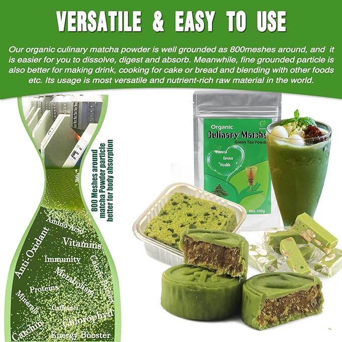 EFOOFAN Matcha Organic Green Tea Powder, Culinary Grade(3.53oz), USDA/JAS/EC Certified, Japanese Sencha Tea Flavor, Vegan and Sugar Free for Cooking, Baking or Candy