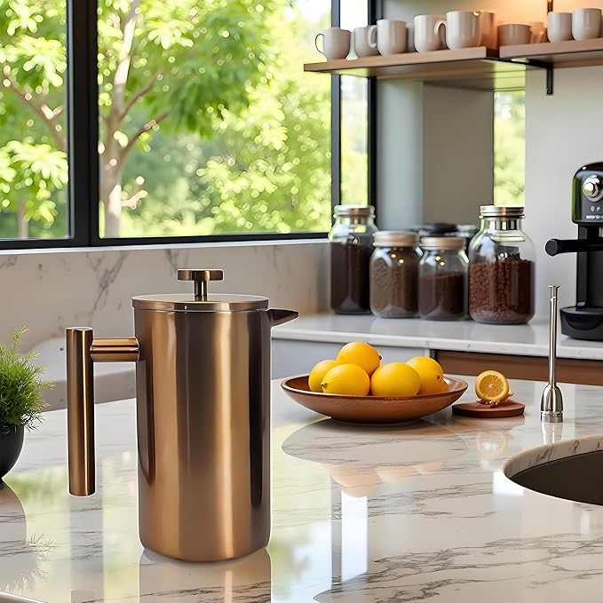 YJX 34oz Coffee Maker, Stainless Steel French Press, 1 Liter Camping Coffee Pot, Tea Maker, 34 Ounce Travel Coffee Presses, Heat Resistant Double Insulated (Coppery)