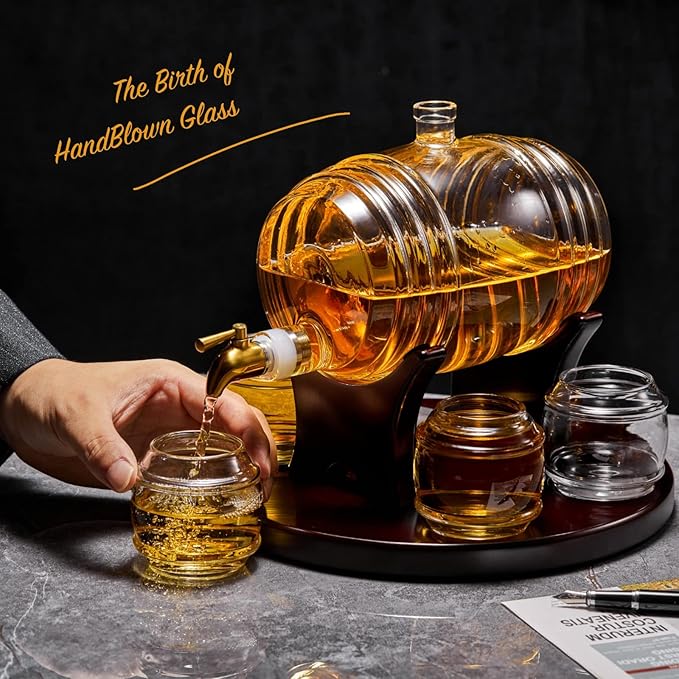 Whiskey Barrel Decanter Set for Home Bar, Unique Birthday Gifts for Men Dad, 1.3 Liter Barrel Liquor Dispenser with 4 Glasses for Bourbon, Scotch, Vodka, Tequila, Rum, Wine, Alcohol