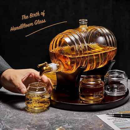 Whiskey Barrel Decanter Set for Home Bar, Unique Birthday Gifts for Men Dad, 1.3 Liter Barrel Liquor Dispenser with 4 Glasses for Bourbon, Scotch, Vodka, Tequila, Rum, Wine, Alcohol