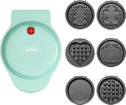 6 in 1 Mini Waffle Maker, 4” Waffle Iron with Removable Non-stick Plates, Perfect Mini Waffle Maker Machine for Kids and Families, Light Blue
