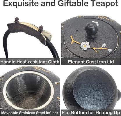 Cast Iron Teapot SECHUDO Teapot for Stovetop Safe Coated with Enameled Interior,Japanese Beautiful Tea Kettle with Stainless Steel Infuser for Loose Tea (60.9oz Plum Blossoms and Bird Pattern)