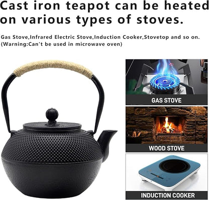 YJX Cast Iron Tea Pot Set, Japanese Tetsubin, 40.6oz Tea Kettle for Stovetop, Black Teapot with Stainless Steel Infuser for Loose Leaf Tea, 1200ml Small Asian Tea Set with Teacups