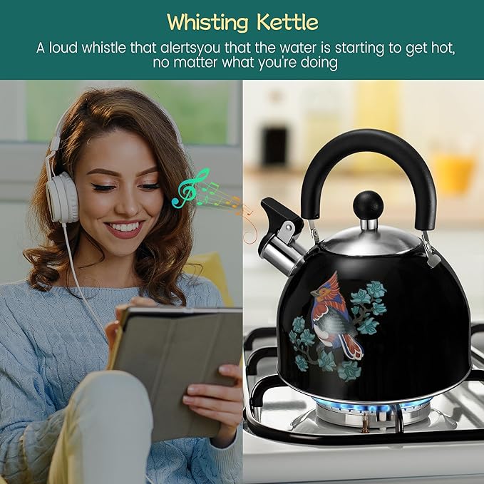 ARC Stainless Steel Whistling Tea Kettle for Stovetop, Magic Color Changing Design Teapot for Stovetop, 2 Quart Black Tea Kettle with Silicone Trivet Mat for Heat Resistant & Folding Cup