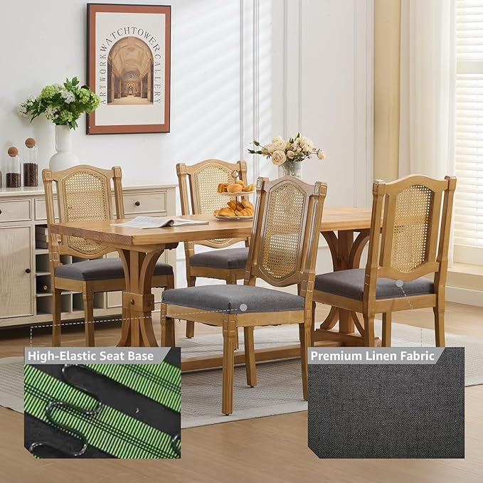 Vintage French Country Dining Chairs Set of 6, Grey Cane Back Rattan Dining Chairs with Linen Upholstered Seat, Solid Wood Legs, Farmhouse Kitchen & Dining Room, Sillas De Comedor (Gray, 6Pcs)