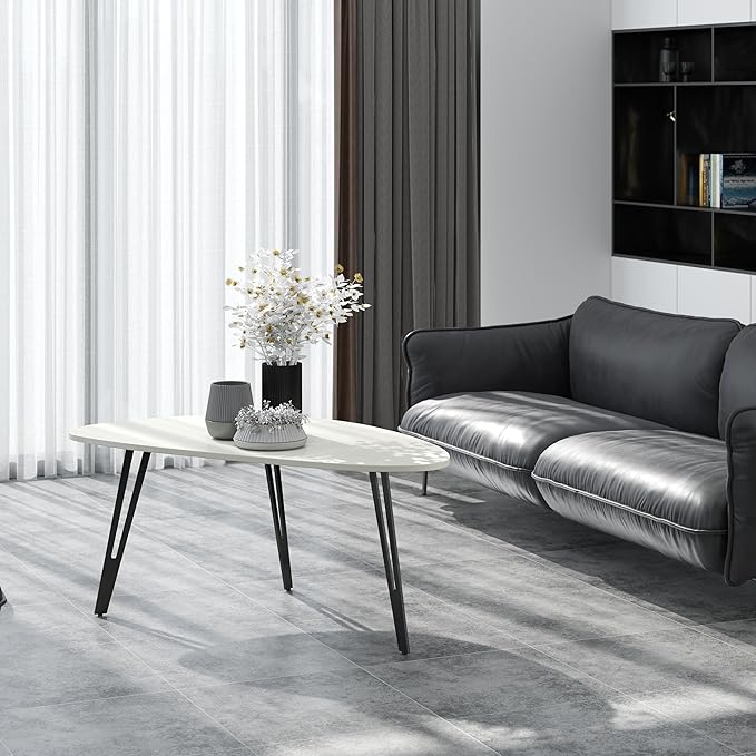 Manora Small Oval Coffee Table White, Modern Coffee Tables for Living Room, Office Coffee Table Small Space, Minimalist Center Table, Tea Table, Easy Assembly