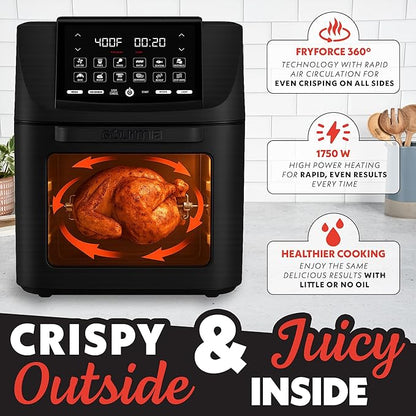 Gourmia Air Fryer Toaster Oven Combo - All-in-One 14-Quart Digital Air Fryer Toaster Oven with Rotisserie & Dehydrator – 12 Presets, Guided Cooking Prompts, 1750W, Dishwasher-Safe Accessories