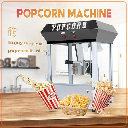 8OZ Popcorn Machine 丨 Stainless Steel Kettle Popcorn Maker Machine for Home, Theater, Parties丨Grade Electric Popper, Black