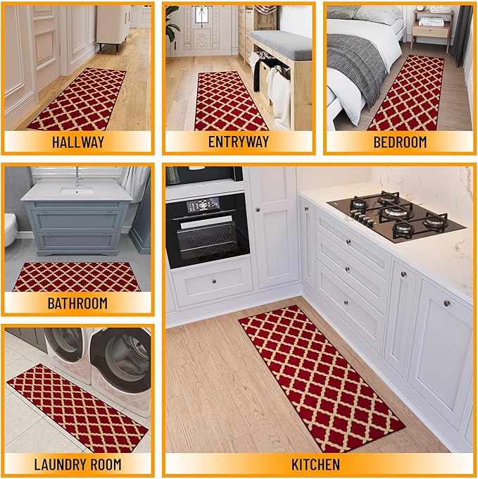 Ottomanson Hallway Runner Rug 20" x 59" Non Slip Trellis Area Rugs Easy to Clean Laundry Rug Runner Durable & Pet Friendly Floor Carpet Runners for Hallways Entryway Living Room Kitchen Bathroom, Red