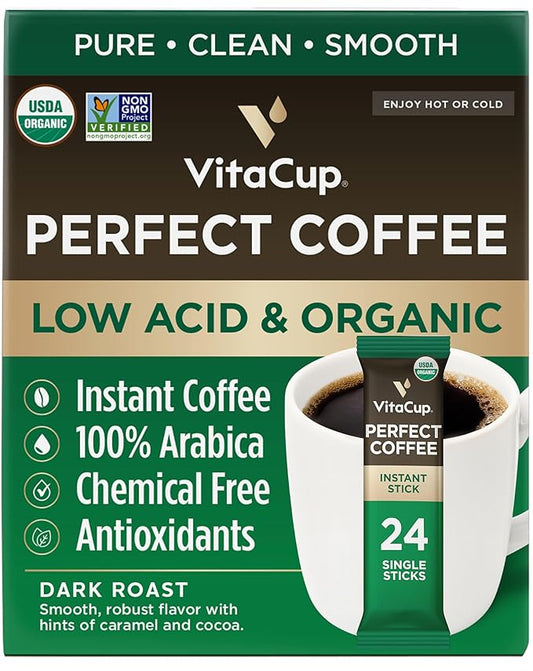 VitaCup Perfect Low Acid Instant Coffee Packets, Dark Roast Coffee, USDA Organic & Fair Trade, Third Party Tested for Mycotoxins & Pesticides, Single Origin, Clean & Pure, 24 ct