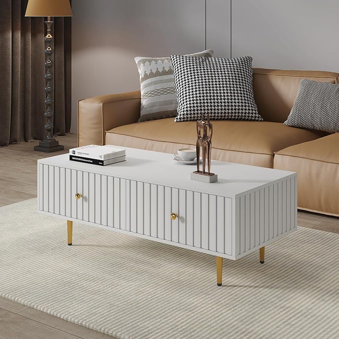 Modern Coffee Table with Storage with 2 Big Drawers, White Rectangle Coffee Table for Living Room, Wooden Fluted Table Accent Tea Table for Living Room Apartment Small Space