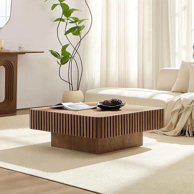 KEVINSPACE Square Wood Coffee Table, Fluted CoffeeTable Handcraft Drum TeaTable CenterTable for Living Room, Modern Wooden CocktailTable for Small Space, Easy Assembly 35.43" 15.75" H Walnut