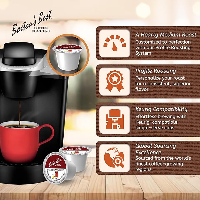 Boston’s Best - Bourbon Vanilla Coffee Blend, Tasty Flavored Blend, Gourmet Compatible with Keurig Coffee Maker, 1 Count (42 Single Serve Medium Roast Cups)