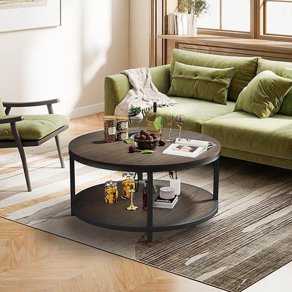 NSdirect 36 inches Round Coffee Table, Rustic Wooden Surface Top & Sturdy Metal Legs Industrial Sofa Table for Living Room Modern Design Home Furniture with Storage Open Shelf (Black Walnut, 36 in)