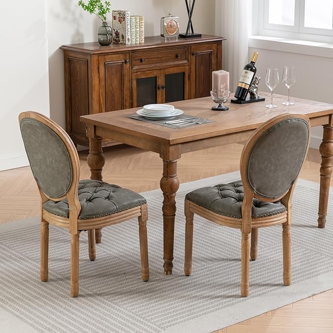 Vintage French Country Dining Chairs Set of 6, PU Leather Dining Chairs with Solid Wood Legs, Upholstered Dining Chair, Sillas para Comedor, Kitchen & Dining Room Chair (Olive Green, PU, 6Pcs)