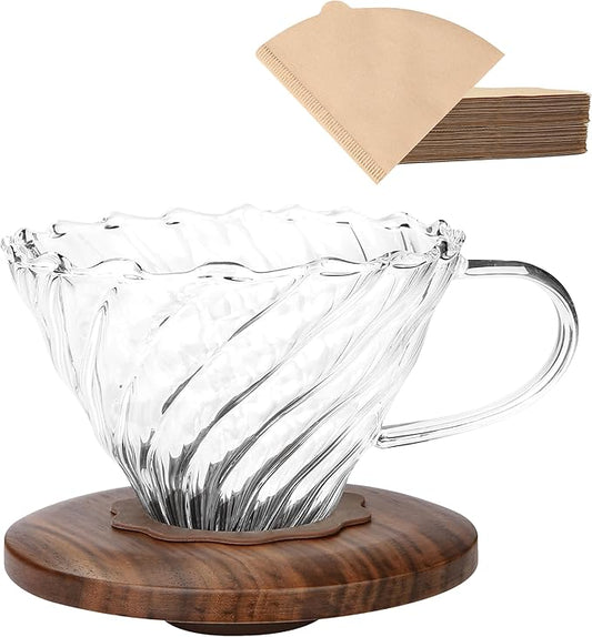 Pour Over Coffee Dripper with 100 pcs of Size 02 Paper Filter, Borosilicate Glass & Walnut Collar, Drip Coffee Maker, 1-3 Cups, Clear (Coffee Dripper)