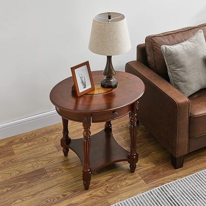 Solid Wood Oval End Table with Drawer and Storage Shelf, Traditional Vintage Side Table Polished Edging Bedside Nightstand for Living Room Bedroom Home, Cherry Walnut