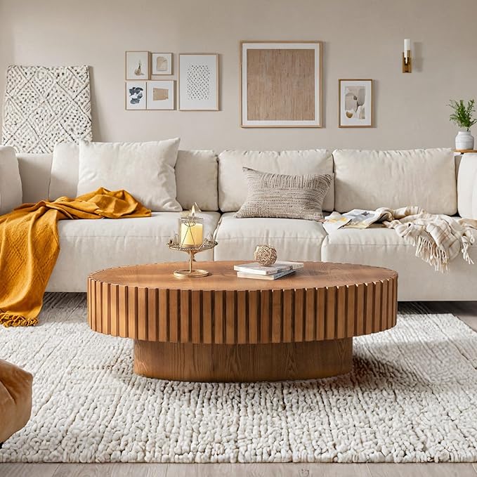 Handmade Oval Grooved Drum-Shaped Coffee Table、Rustic Modern Circular Centerpiece for Living Room & Farmhouse Decor、Easy to Clean (C Wood 43in)