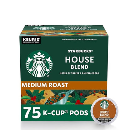 Starbucks K-Cup Coffee Pods, Medium Roast, House Blend for Keurig Coffee Makers, 100% Arabica, 1 Box (75 Pods)