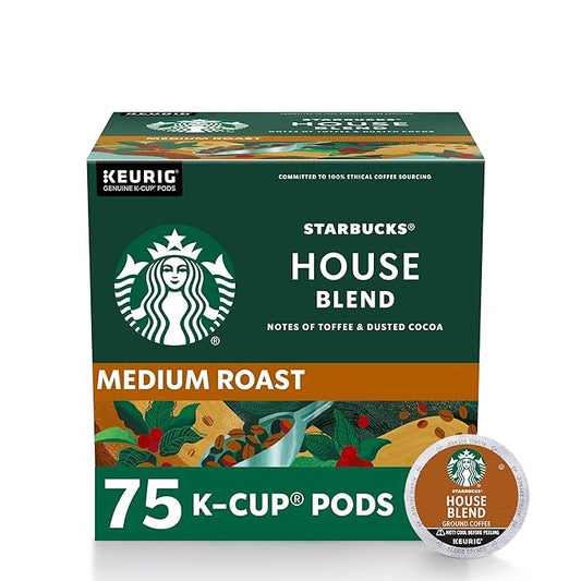 Starbucks K-Cup Coffee Pods, Medium Roast, House Blend for Keurig Coffee Makers, 100% Arabica, 1 Box (75 Pods)