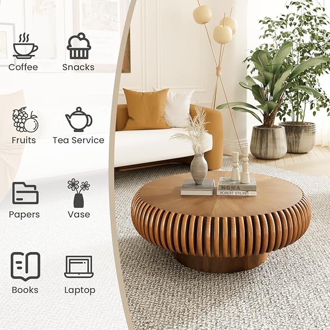 Round Fluted Coffee Table Modern Handcraft Drum Coffee Table with Sturdy Pedestal 31.5" Farmhouse Center Table Tea Table for Living Room, Reception Room, Entertainment Room (Brown 31.5 inch)