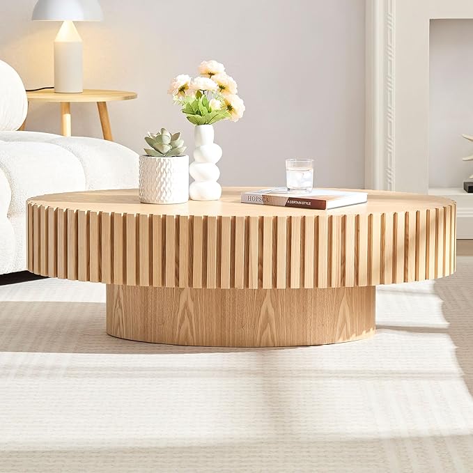 43.7 Inch Oval Drum Coffee Table, Modern Handcraft Fluted Drum Coffee Table, Wooden Round Coffee Table Center Table with Sturdy Pedestal for Living Room Apartment (Natural)