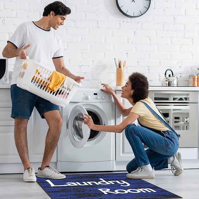 Ottomanson 26" x 35" Laundry Room Rug - Non-Slip Mat for Laundry & Mudroom - Durable, Stain-Resistant, and Easy to Clean - Perfect for High-Traffic Areas - Runner Rug for Entryway Bathroom, Navy